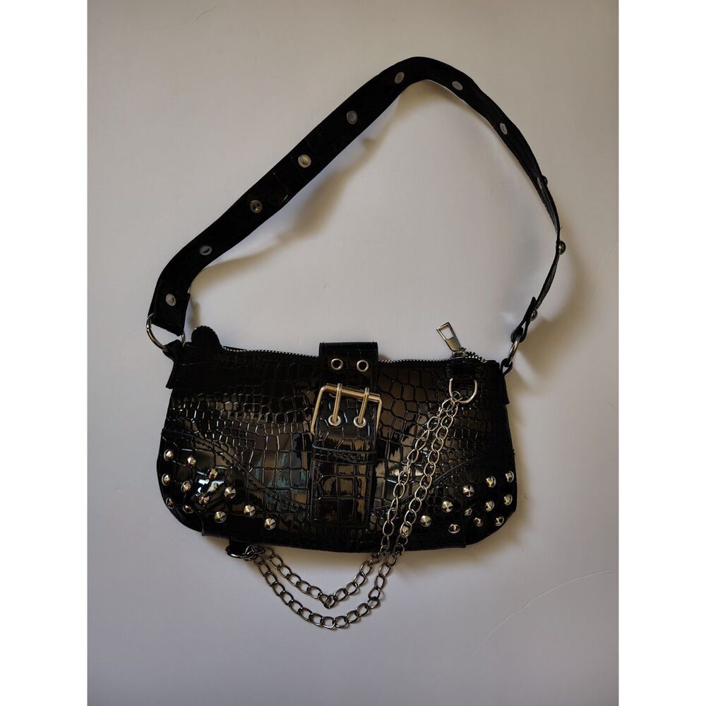 Y2K Gothic Black Croc Shoulder Bag Studded Punk Grunge Underarm Purse